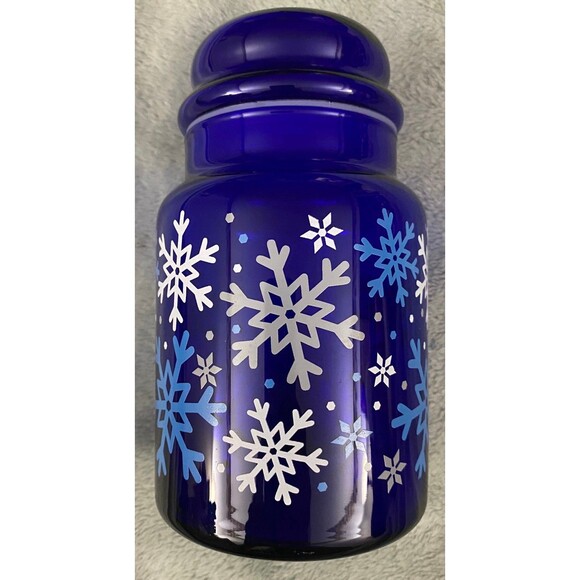 Libbey Cobalt Blue Glass 7" Apothecary Jar Canister & Lid Christmas Snowflakes - Picture 3 of 7
